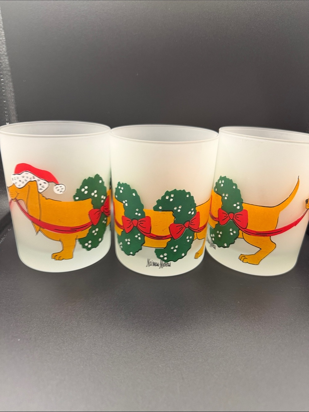 Vintage Neiman Marcus Frosted Glass Holiday Dachshund lowball Tumblers
